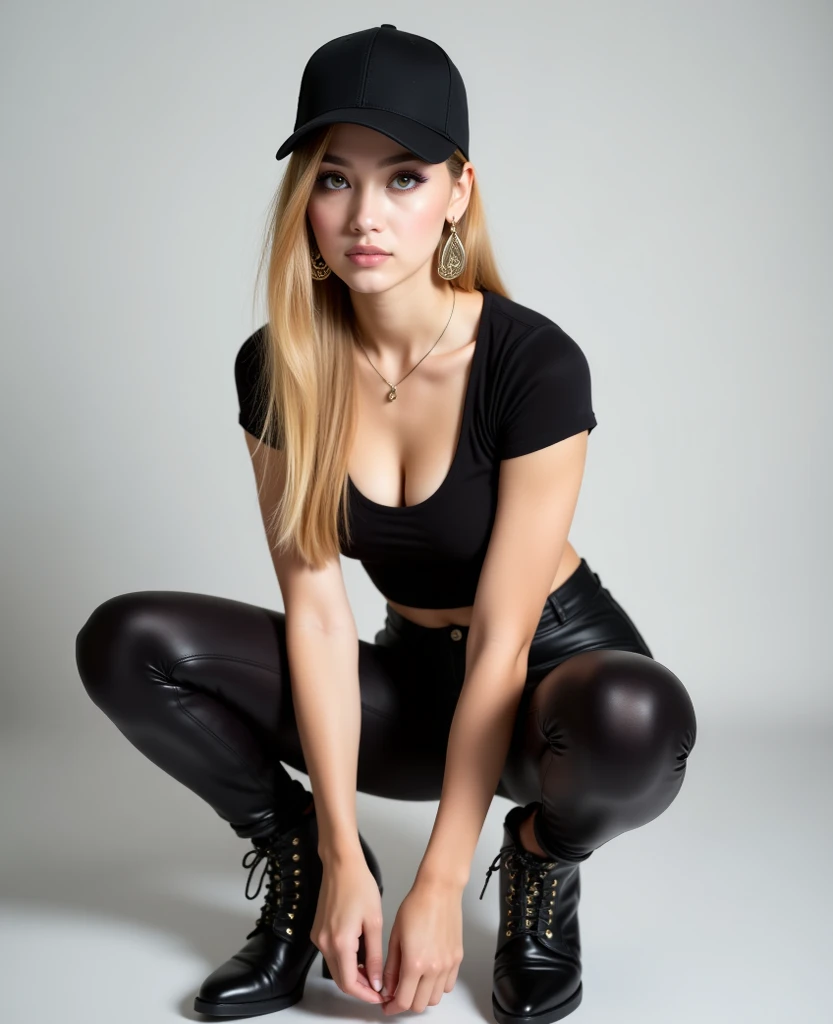 The image shows a young blonde woman (((with a black baseball cap on her head))), with delicate and elegant features. Her face is symmetrical and well-defined. She has straight blonde hair, which is neatly combed and has golden highlights under the light. ...