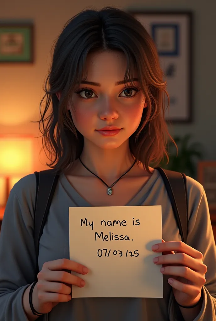 The image ís holding a piece of paper written on it this sentence" my name is Melissa. 07/03/25.handing in the left hand