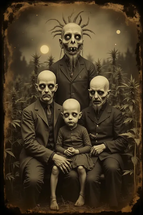 Daguerreotype, tintype. Bizarre, creepy, weird stuff, detailed surreal scene, outdoors, humanoid family with distorted features, unnatural anatomy, twisted haunted detailed facial expressions, unsettling atmosphere, field of Marijuana plants behind them, g...