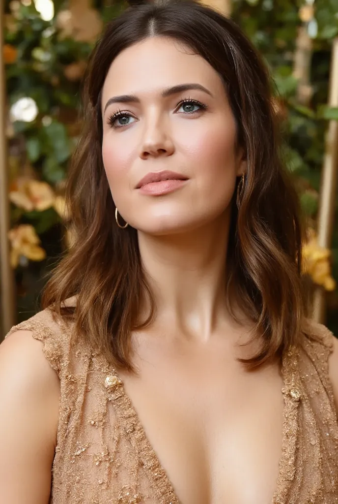 best quality, highres, 8k, masterpiece, photography, detailed midbody photorealistic portrait. Mandy Moore embodies timeless British elegance in a champagne gold embroidered corset with matching lace panties, silk garter belt, and sheer thigh-high stocking...