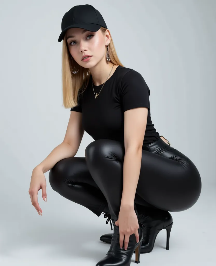 The image shows a young blonde woman (((with a black baseball cap on her head))), BLACK BASEBALL CAP ON HER HEAD, with delicate and elegant features. Her face is symmetrical and well-defined. She has straight blonde hair, which is neatly combed and has gol...