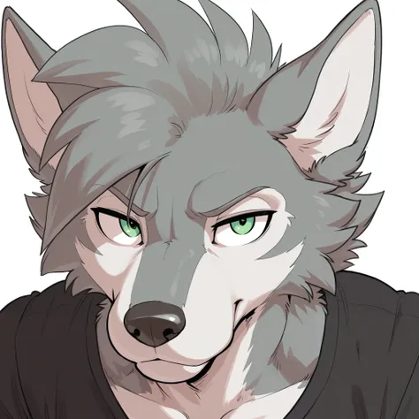 masterpiece, best quality, amazing quality, anthro wolf, male, solo, green eyes, silver fur, short hair, tall man, white, athletic, muscly arms, white background, portrait, face focus, black shirt