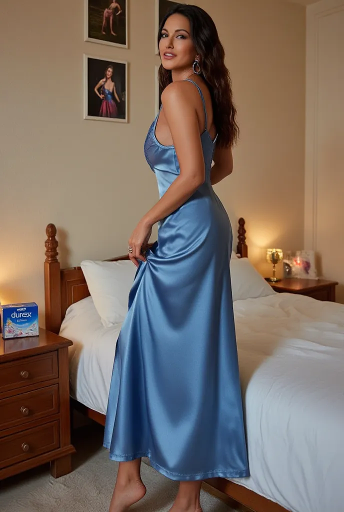 seuper sexy milf indian stepmom,large bulging boobs,deep cleavage,big bulging ass,super sexy curves,hourglass figure,hairs tied,red bindi,red sindoor,standing in a  blue silk night gown,sexy legs and thighs visible,slightly fat sexy thighs,standing besides...