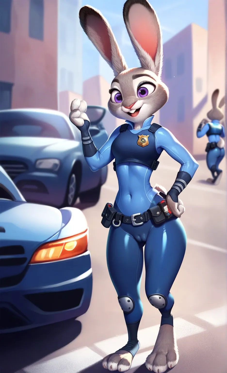 Solo, score_9,score_8_up score_7_up, anthro, female, Judy Hopps, medium  breast, rabbit, 2 rabbit ears, curvy, standing in front of a police car, 3 toes, rabbit paws, rabbit feet, fluffy feet, tight police bodysuit, cameltoe