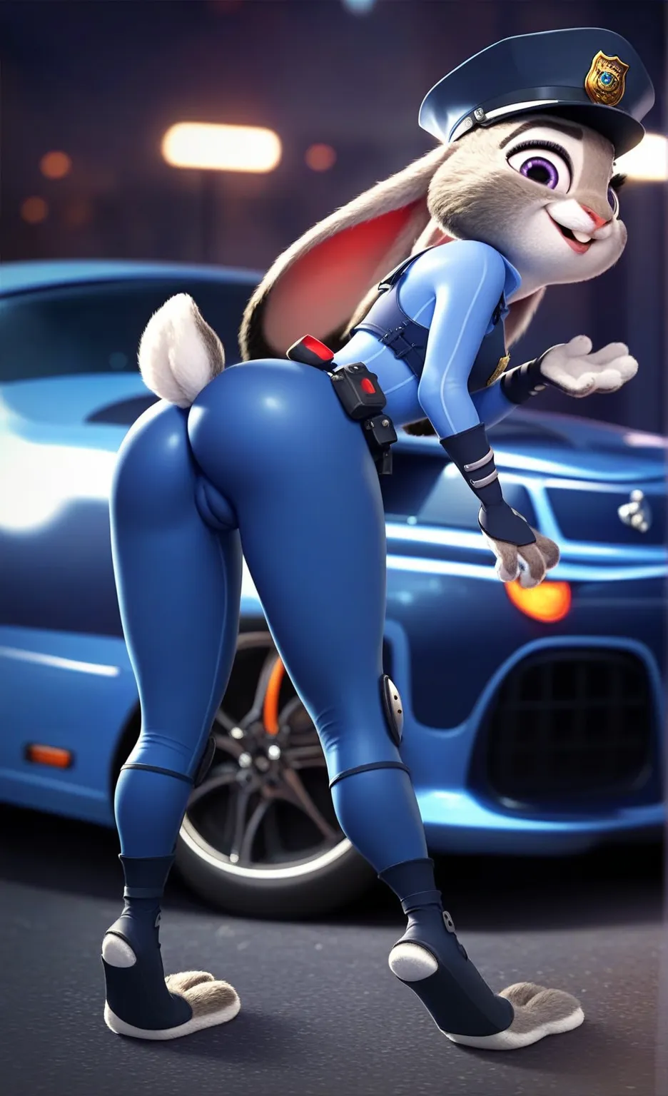 Solo, score_9,score_8_up score_7_up, anthro, female, Judy Hopps, medium  breast, rabbit, 2 rabbit ears, curvy, standing in front of a police car, 3 toes, rabbit paws, rabbit feet, fluffy feet, tight police bodysuit, cameltoe, face back, bent over car,