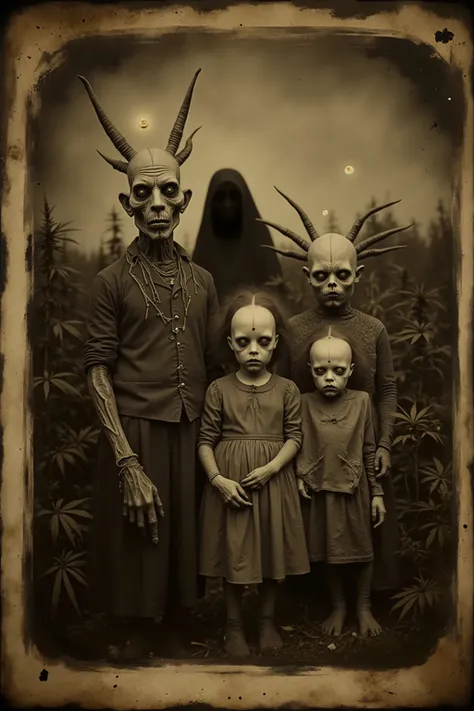 Daguerreotype, tintype. Bizarre, creepy, weird stuff, detailed surreal scene, outdoors, humanoid family with distorted features, unnatural anatomy, twisted haunted detailed facial expressions, unsettling atmosphere, field of Marijuana plants behind them, g...