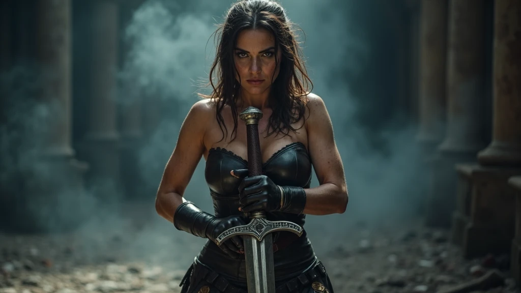 A dirty, sweaty and sexy medieval warrior woman holds her sword with both hands, sticking it into the ground while looking seductively forward in a seductive combat stance and lots of smoke behind her with black shadows around her. 4k Hight resolution