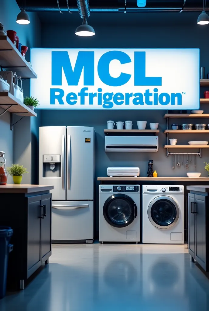 Create an image with an air conditioner a refrigerator and a washing machine  .
with a sign that says " MCL Refrigeration official service from well-known brands" 