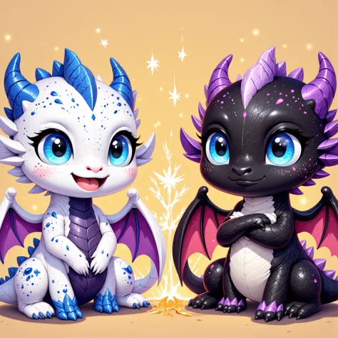 Two cute kawaii chibi-style twin baby dragons, both female. One has white scales, blue eyes, and blue wing membranes, smiling joyfully. The other has black scales, blue eyes, and purple wing membranes, sitting with crossed arms, pouting and looking reserve...