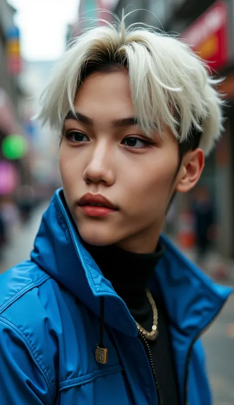 Close up shot of a slim young Korean man, slim man, slim guy with lightly defined muscle, very slim man with slight muscle definition, close up, close up shot, long blonde hair, hair just past shoulders, shoulder length blonde hair, shoulder length hair, s...