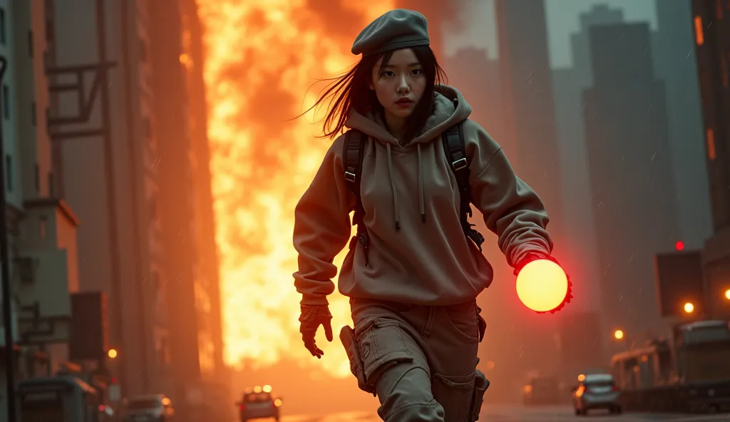 A 22-year-old Korean woman with sharp, delicate features, running towards the entrance of a dungeon beneath a burning skyscraper, cyberpunk anime style. She wears a simple yet futuristic outfit: a loose-fitting techwear-inspired hoodie (like a modern 맨투맨 티...