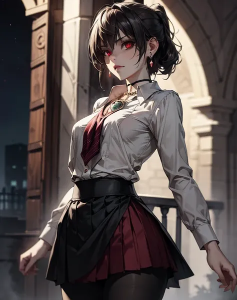 best quality, super_delicate, ultra detailed, beautiful, 8k , 1girl, red eyes, evil, business shirt, skirt, earrings, choker, black tights, night, AissistXLv2 