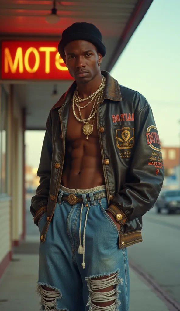 At the front desk of a run-down motel, African American Jonathan on a street corner in 1980s Brooklyn, The entire outfit is a distressed bool outfit. dressed in hip-hop attire—baggy jeans, a Kangol hat, and multiple gold chains. 

 pays the motel attendant...