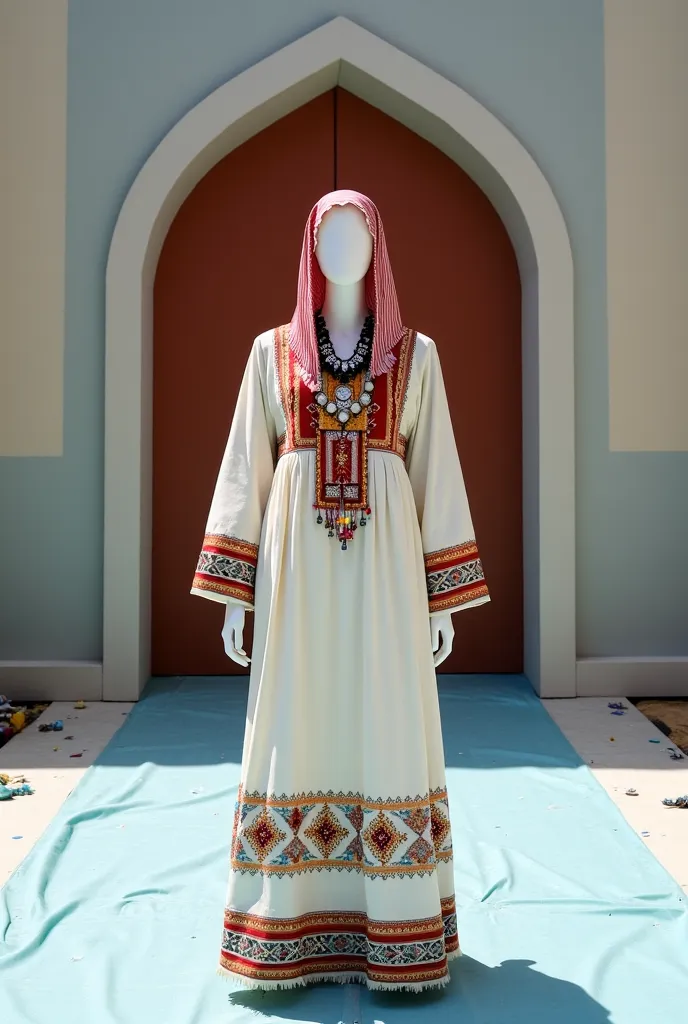 A white traditional dress, likely from a North African or Middle Eastern culture, is displayed on a mannequin. The dress is a floor-length, flowing gown with intricate, colorful embroidery and fringe.  Geometric patterns in red, gold, and various shades of...