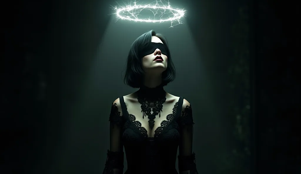 A mysterious woman with short, jet-black hair, standing perfectly centered in the frame. She wears an intricate, black gothic wedding dress adorned with lace and delicate embroidery. Her eyes are concealed beneath a dark, elegant blindfold that adds to her...