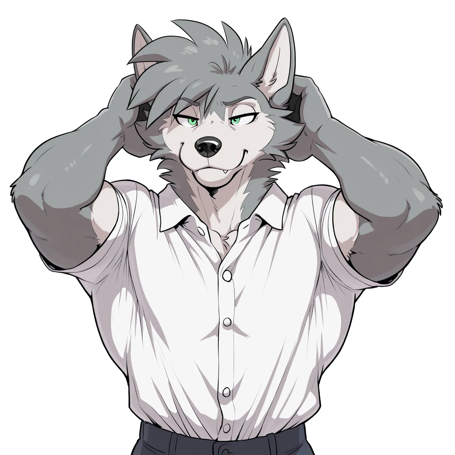 masterpiece, best quality, amazing quality, anthro wolf, male, solo, green eyes, silver fur, short hair, tall man, white, athletic, muscular, white background,  portrait, tight white button up shirt, muscly forearms