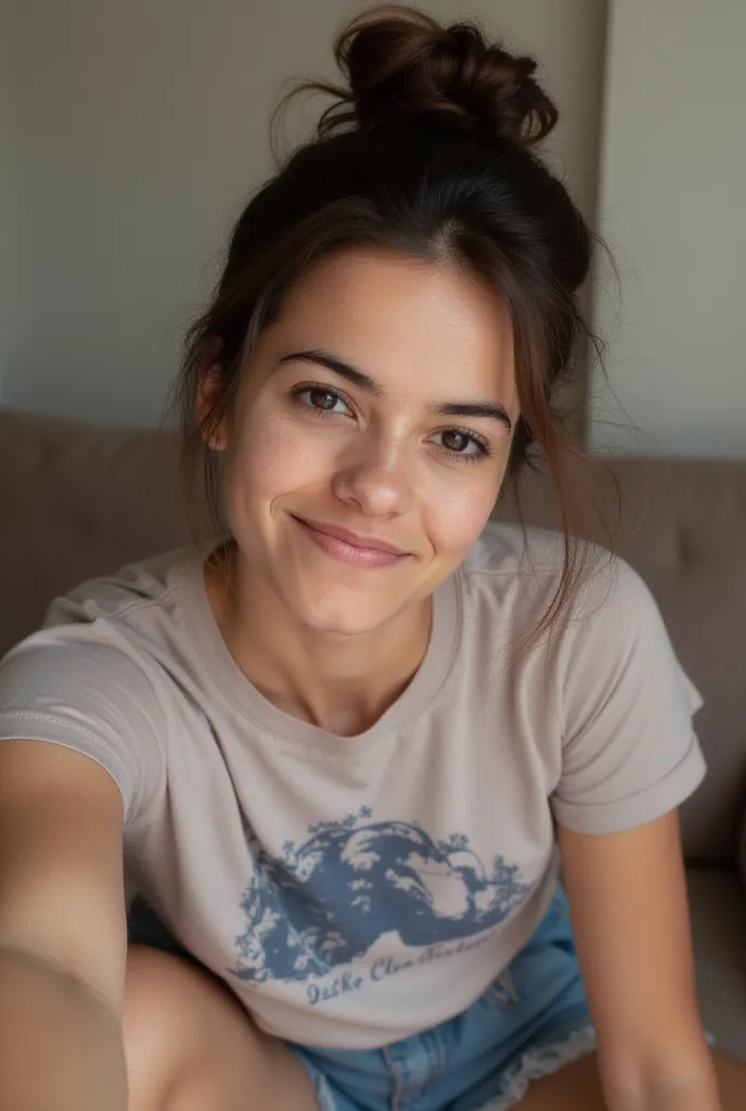 A natural Instagram selfie, casual and daring selfie of a 21-year-old woman with a modern, slightly disheveled bun and dark brown eyes, positioned on your comfortable sofa at home. He wears a band t-shirt vintage and faded denim shorts, with a playful and ...