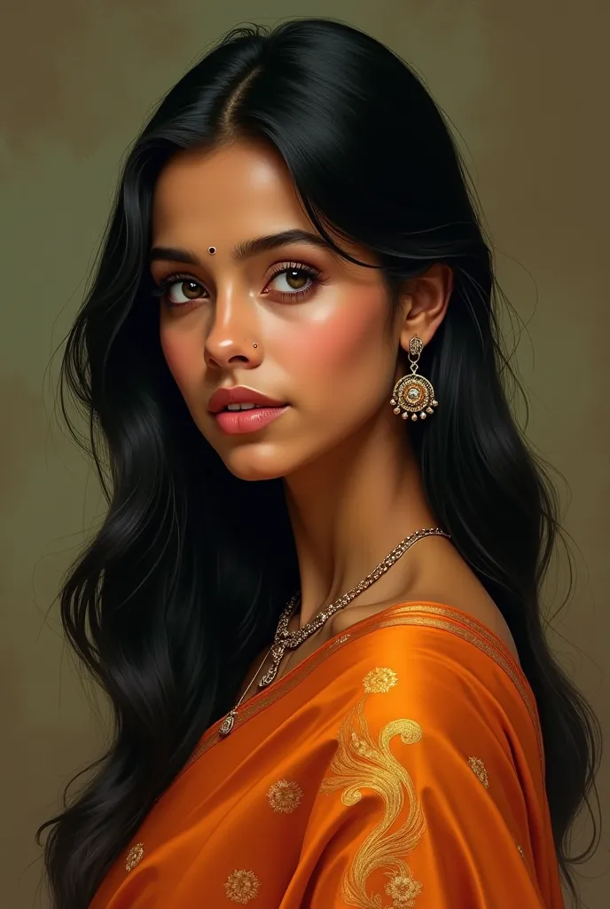 Malayali girl. in saree. skin is fair complex brownish. black hair, green eyes. Skinny size not so much skinny but normal size south indian skin colour