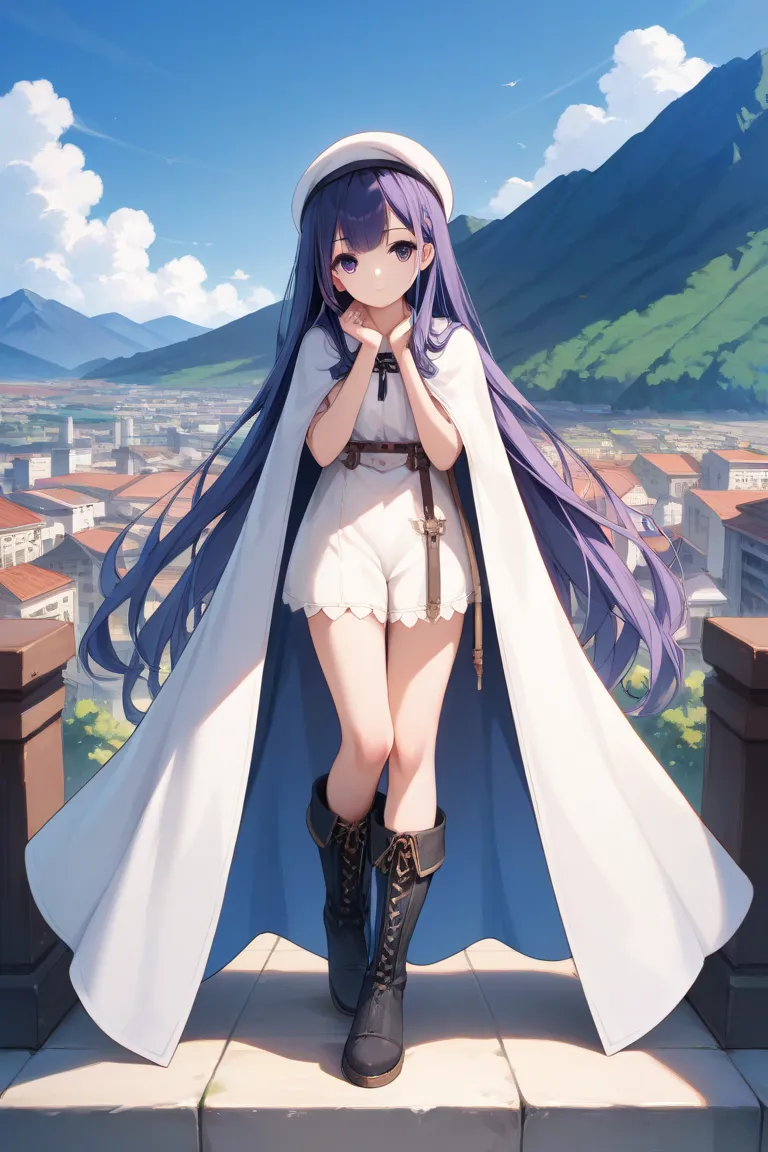 masterpiece, best quality, anime style, 1girl, cute girl, long hair, purple hair, blue hair, white beret, white long cape, rest of the clothes in blue and black, black boots, standing, looking at viewer, city in mountain, front view