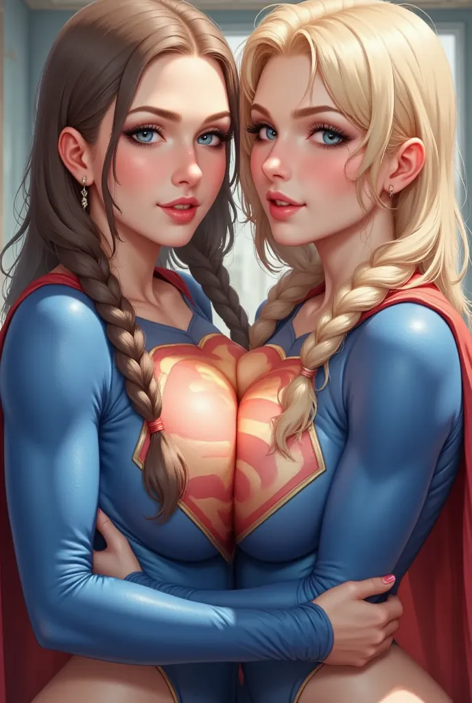 PHOTO REALISTIC. POWER GIRL PASSIONATELY KISSING A SHORTER FEMALE WITH BLONDE HAIR IN A FULL BRAIDS, BLUE EYES, GLASSES, WEARING A BLUE CORDUROY FABRIC SUPERMAN SUIT AND A RED SUPERMAN CAPE. (FOREPLAY NIPPLE SQUEEZE AND BREAST SQUEEZING). LOTS OF SALIVA DR...