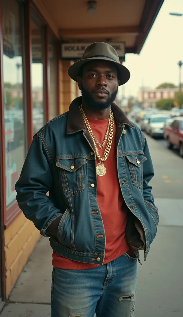 At the front desk of a run-down motel, African American Jonathan on a street corner in 1980s Brooklyn, The entire outfit is a distressed bool outfit. dressed in hip-hop attire—baggy jeans, a Kangol hat, and multiple gold chains  pays a motel attendant. The...