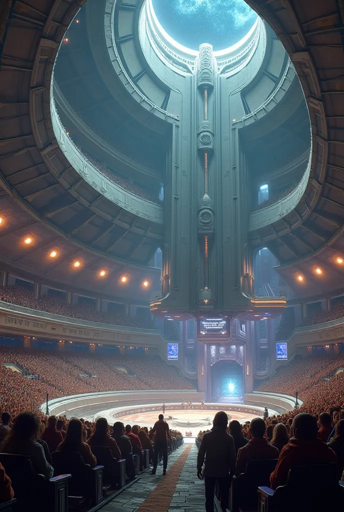  A colossal coliseum in space, with grandstands filled with alien spectators of various races. The structure mixes high technology with brutalist architecture.