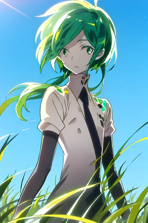 Gems, Anime, Medium hair swept to the right, messy hair, actinolite mineral, houseki no kuni, Stand still and look at the sky, The background is a grassland with a blue sky, Dull green hair 