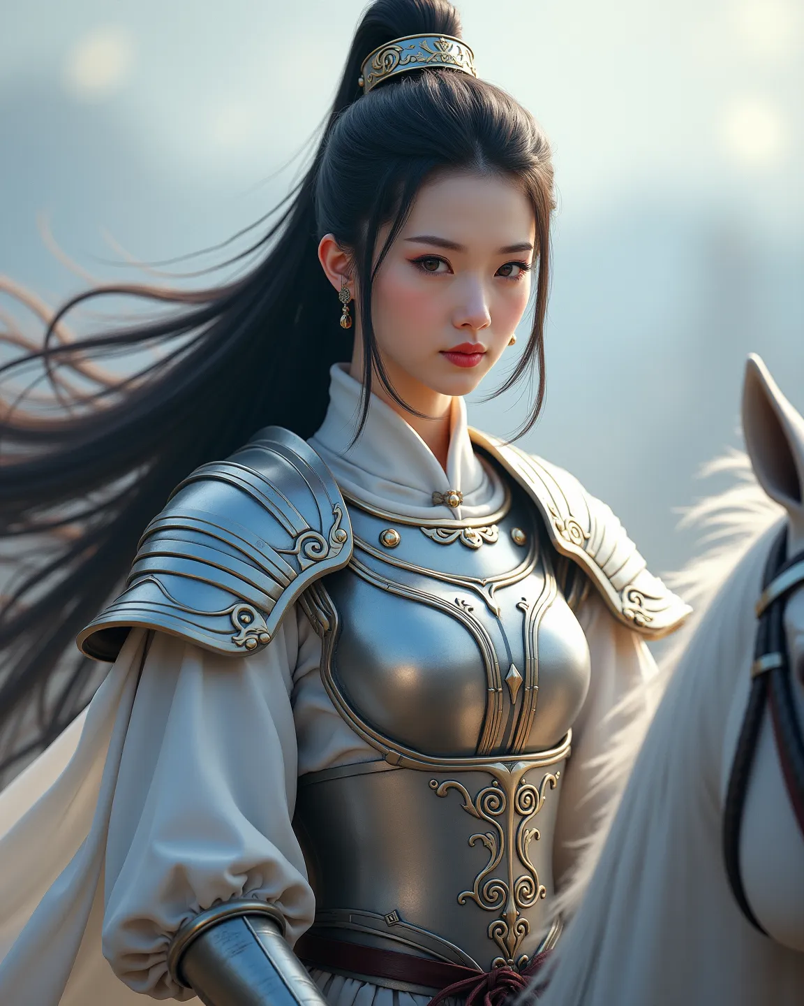 A female warrior with a beautiful, realistic face in ancient Chinese style，long black hair，Gorgeous silver-white armor， wearing a white cape ，A war horse riding a white horse，with a silver war spear in one hand，Fight on the battlefield

Just a picture of t...