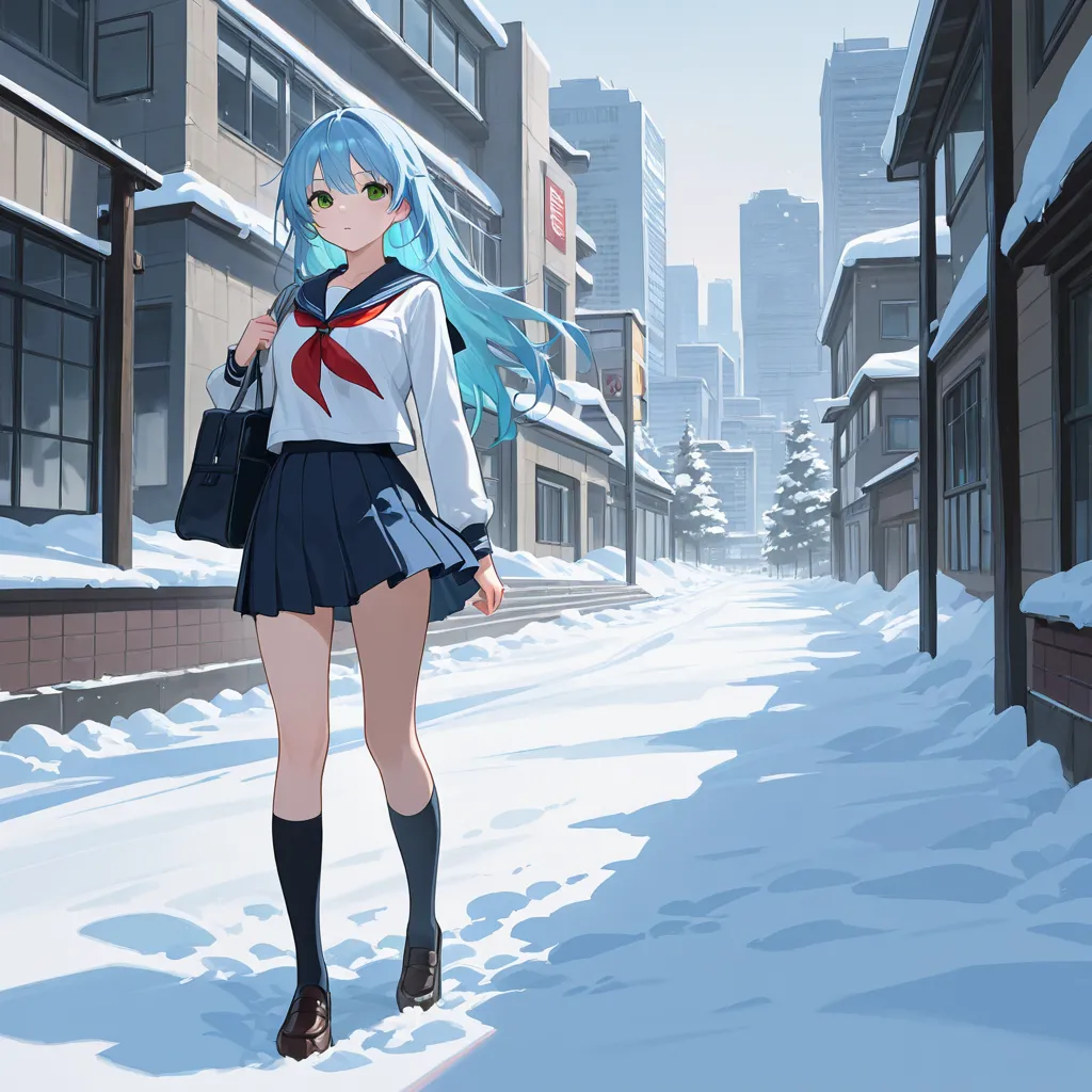 the best quality,ultra high resolution,1 girl,Alone ,full body,snow,city,, blue hair, green eyes ,Actually, YEAH.,school uniform,