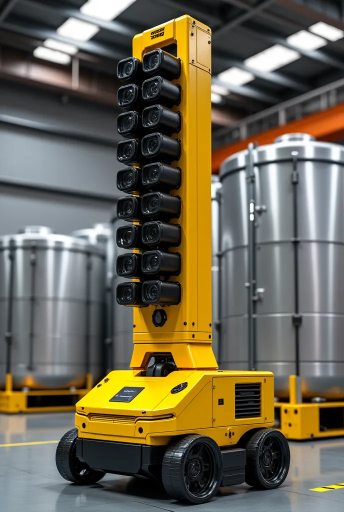 inspection robot with 14 cameras located vertically in a telescopic tower mounted on an industrial agv vehicle, The yellow robot, in the background a pallet tank