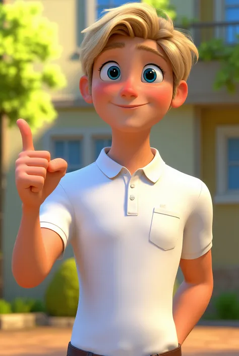 A man around 18 years old, with white skin and straight blond hair, blue eyes, dressed in a white polo collar with a pocket without details on the chest, making a thumbs up, Pixar style, 8k image