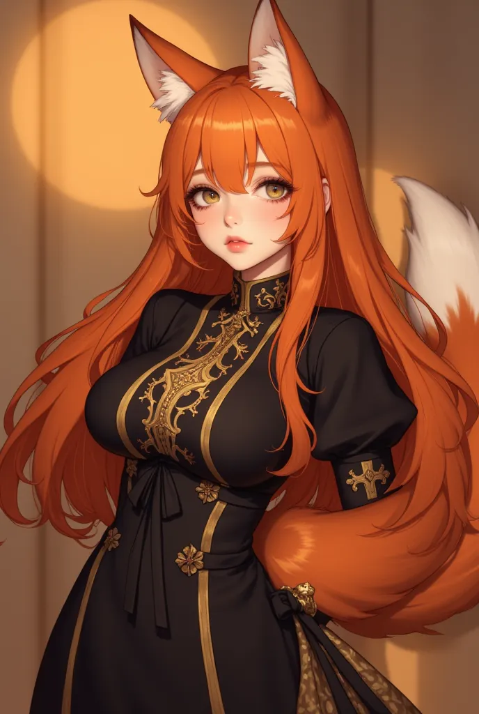 1girl,orange very long hair, black fox years; ((soft lighting)), green eyes, medium breasts, (chat-noir86):1.6, oharu-chan maccha mochancc, bbybluemochi, (luoman19921:0.8), alternative clothes, beautiful black long dress, orange fox tail