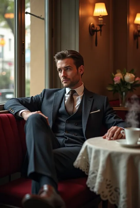 A handsome man wearing a suit and sitting in a cafe