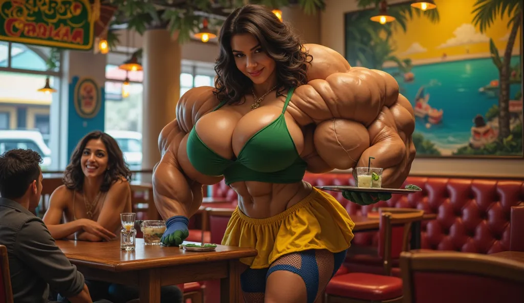 "Realistic image of an extremely muscular woman with an athletic and defined figure, working as a waitress at a Brazilian-themed restaurant called 'Sabor Tropical' in Rio de Janeiro. Luiza, the waitress, has a strong and toned body, with prominent breasts ...