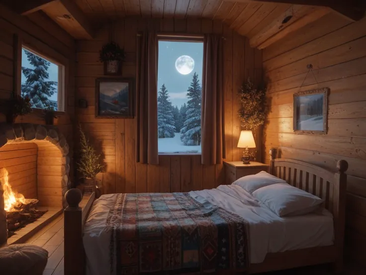 "A cozy wooden cabin bedroom with a large window showcasing a breathtaking winter landscape. The scene is illuminated by a warm fireplace on the right, with soft golden light flickering on the wooden walls. A comfortable bed with a colorful patchwork quilt...