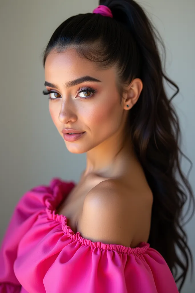 Ariana Grande, Pink dress, black ponytail, ribbon, half-body shot 