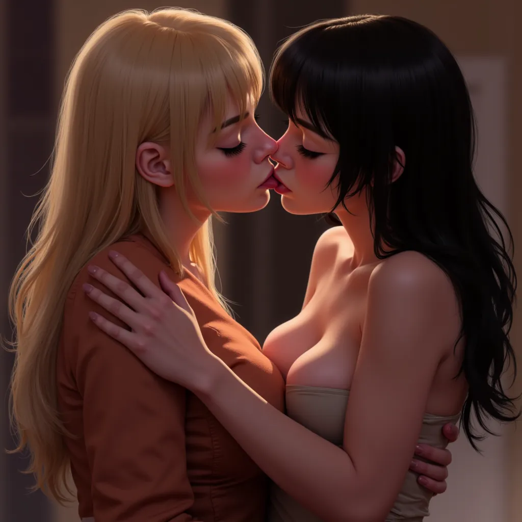 selfie , Tongue Kissing , 2 girls,  Blonde hair girl,  Black-haired girl, dressed 