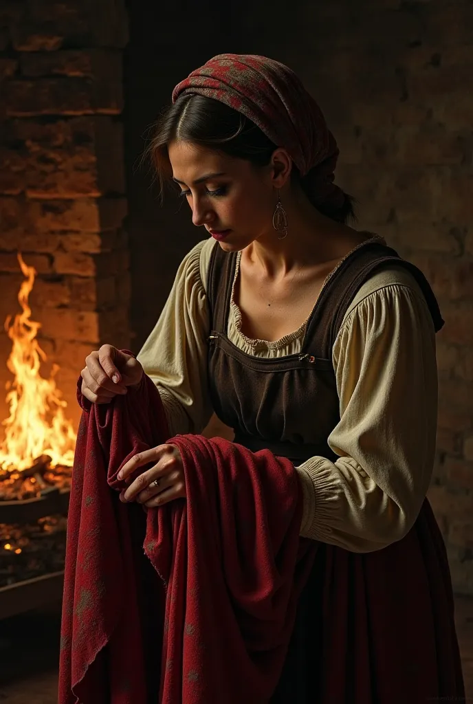 A woman washing a blood-stained cloth in the middle ages, Renaissance-painting style image 

