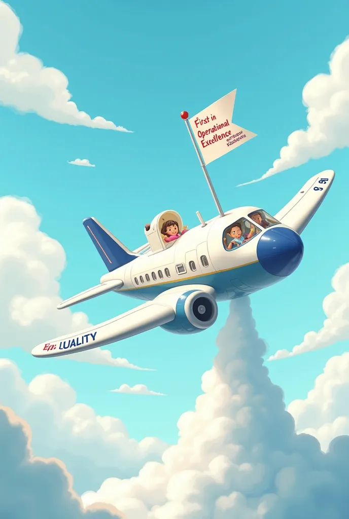 Create a cartoonish yet professional illustration representing an ambitious vision for a manufacturing facility producing disposable diapers. The scene features an aircraft ascending towards the sky, symbolizing the company's high-reaching goals. The aircr...