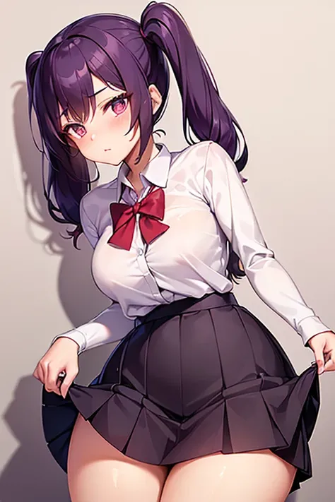 1 chica  seminaked Estudiante de secundaria Apariencia hermosa joven con cabello semilargo (with two short pigtails on the sides) and her very dark purple hair and her captivating pink eyes. She has a slim but curvaceous figure and a shiny, radiant complex...