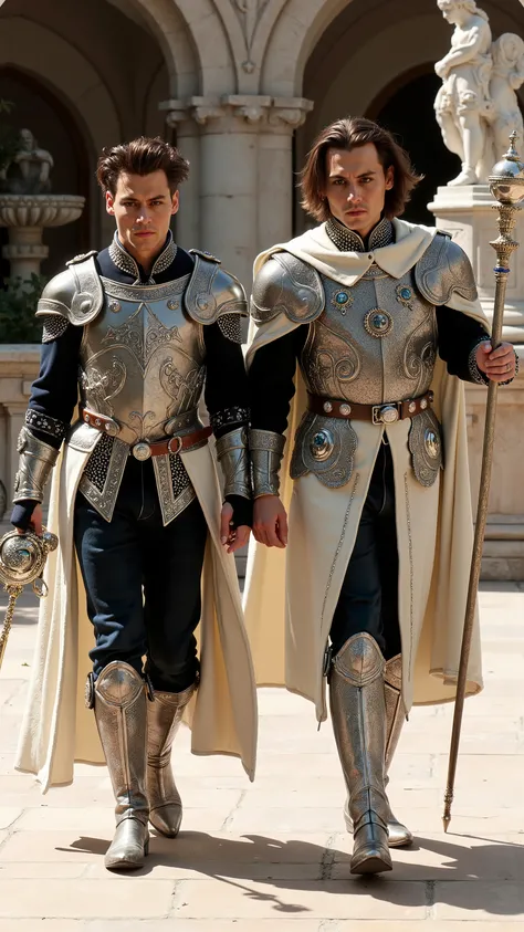Two absolutely the same Johnny Depps reimagined as a human-Gemini hybrid walking and holding silver staffs、dramatic atmosphere, 1 male、
medium-length, tousled dark hair, expressive dark eyes, and sharp facial features.
They wear ultra-luxurious armor cra...