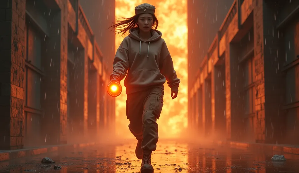 A 22-year-old Korean woman with sharp, delicate features, running towards the entrance of a dungeon beneath a burning skyscraper, cyberpunk anime style. She wears a simple yet futuristic outfit: a loose-fitting techwear-inspired hoodie (like a modern 맨투맨 티...