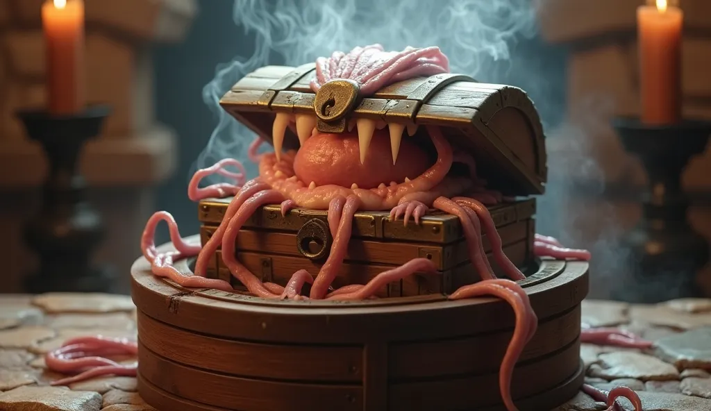 (Live action style, Mimic Monster cooking in the steamer, Fantasy cuisine, cooking while maintaining the shape of a treasure chest, Texture where the surface of the wood is slightly moisturized and the inside becomes soft, Scene of steam slowly rising from...