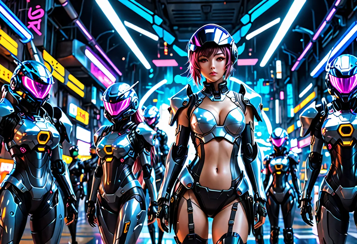 Anime girl in helmet and futuristic suit standing in front of a group of flying objects, Cyberpunk art inspired by Aimitsu, Pixiv, futuristic, biomechanical boobs, best anime 4K konachan wallpaper, tits cyberpunk,  Realistic ,  android heroine, slightly tr...