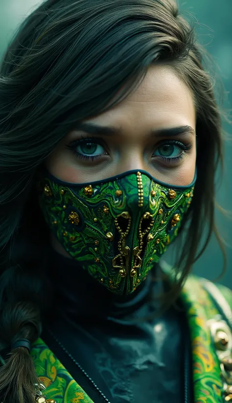 Here is a detailed prompt to generate an image ** super realistic** by Gal Gadot as **jade**, focused **only on the face**, with a very detailed and shiny metallic green mask, and an impactful background: --- **"Close-up hiper-realista do rosto by Gal Gado...