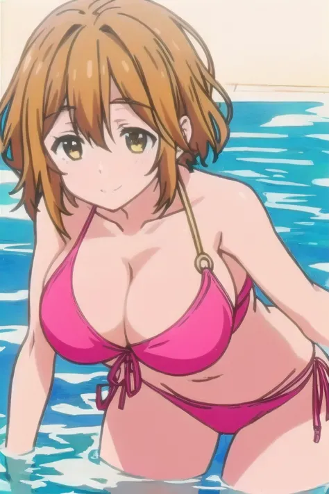 Koiwai Yoshino ,(masterpiece, best quality:1.2),2D, anime,   Anime art,   line art   , watercolor,loli, 1 girl , (orange hair), (large breasts:1.6),(short hair),alone,(swim suit),(Bikini)