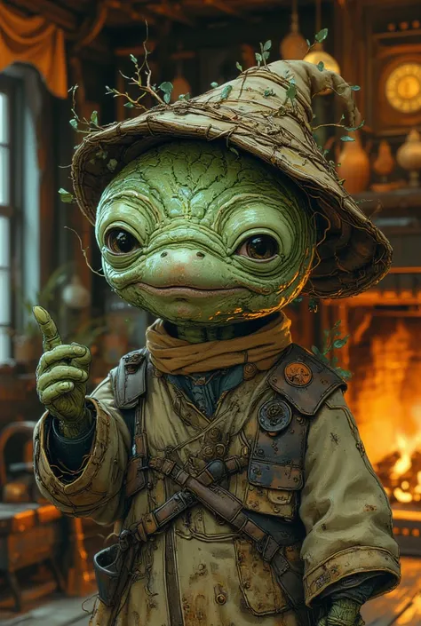 hyper-realistic depiction of a whimsical character resembling a cabbage-themed forest gnome, head textured like a savoy cabbage with natural wrinkles and veining, wearing a rustic weathered outfit with a thick patched coat and loose scarf, hat crafted from...