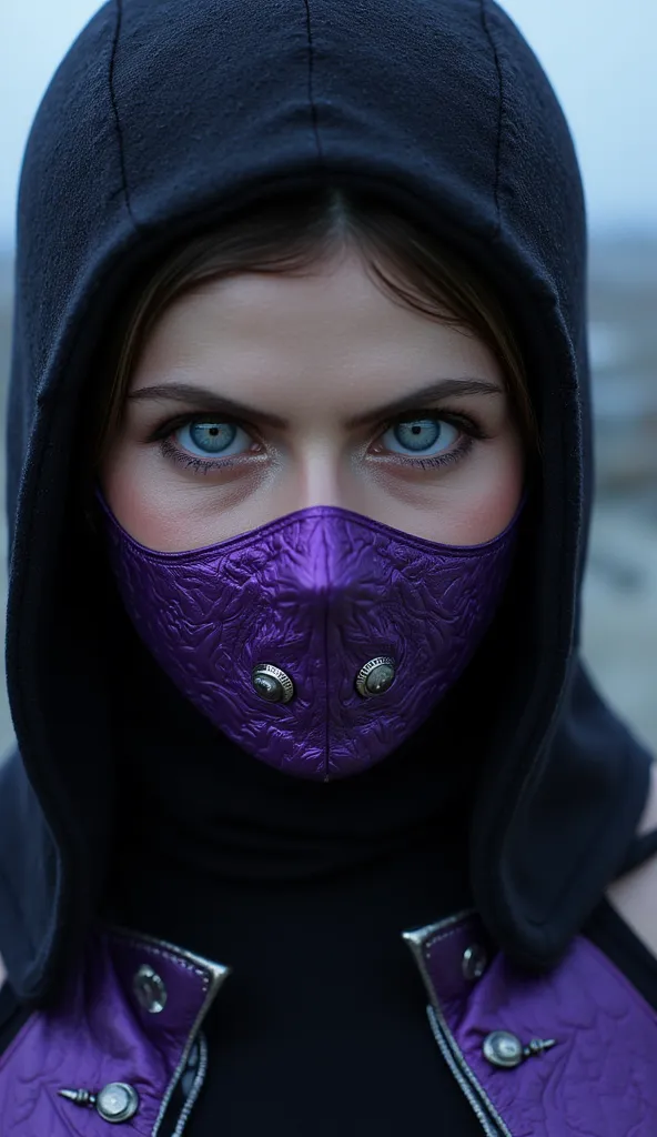 It seems that you are describing an idea of hyperrealistic art by Alexandra Daddario as Mileena, A character from * mortal kombat*, with a shiny metallic purple mask and silver details. Unfortunately,  I can't create or generate images directly , but I can...