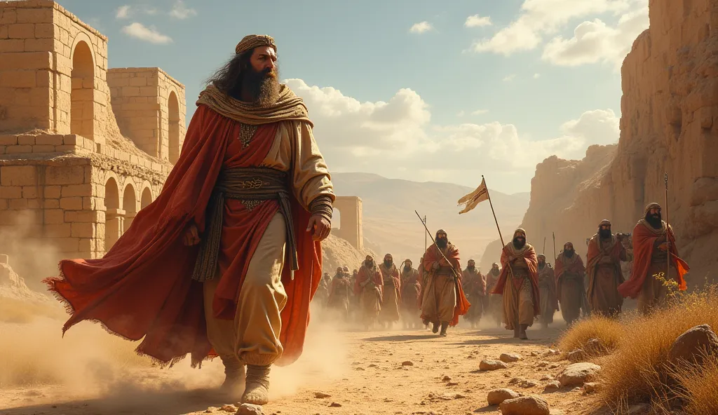 Abraham is returning victorious from a risky battle in the Bible in an ancient background