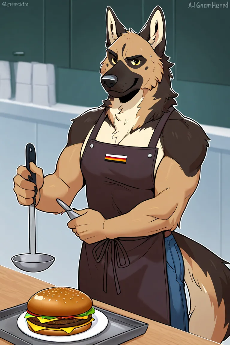 
a German shepherd dog with an apron serving a hamburger 